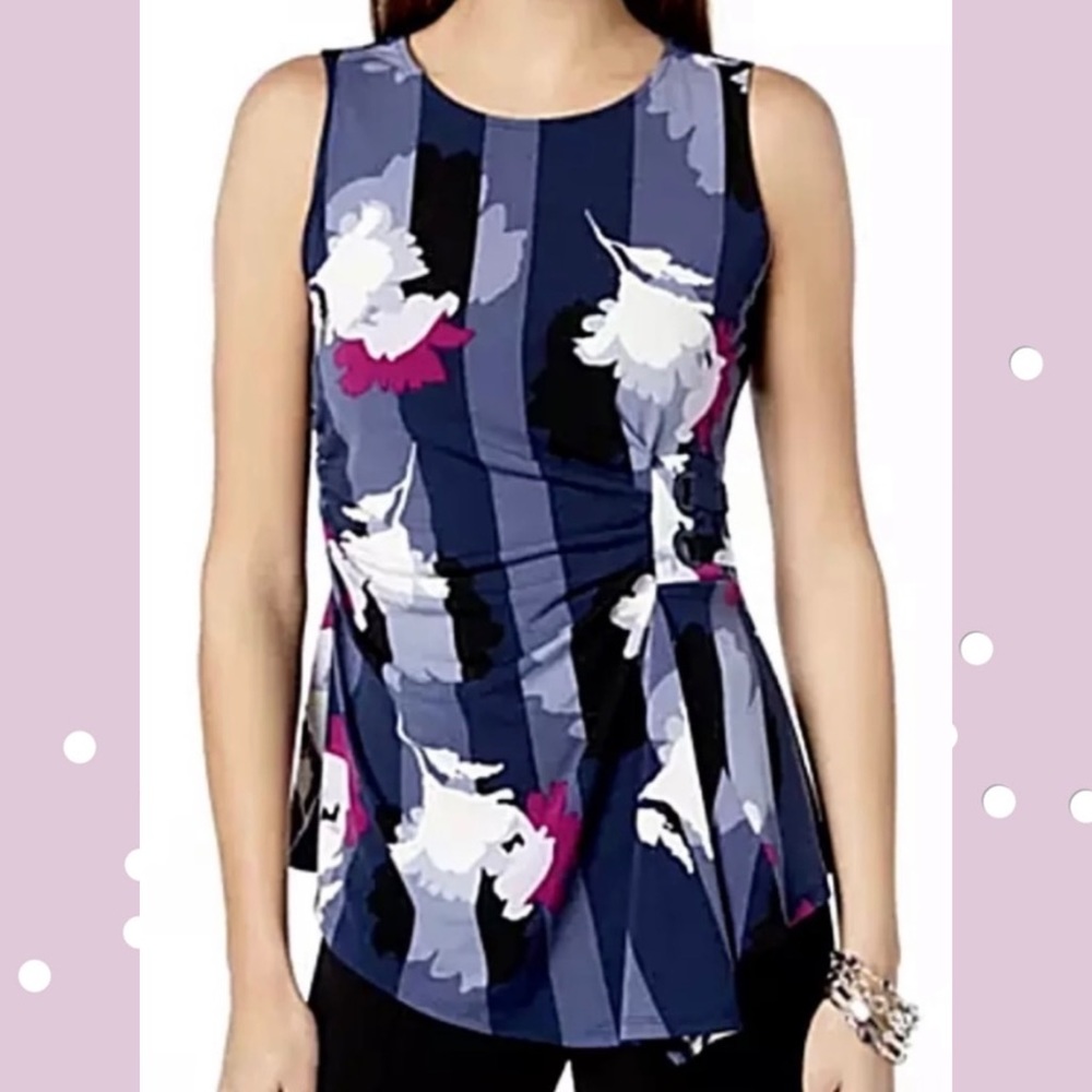 Alfani Striped Floral Top Sleeveless Shirred Gathered Sides Blue Purple …